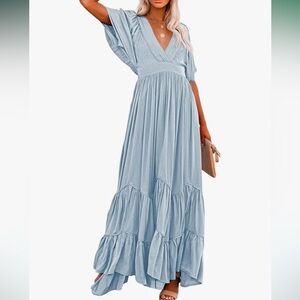 Ruffle Short Sleeve Maxi Boho Dress - Baby Blue